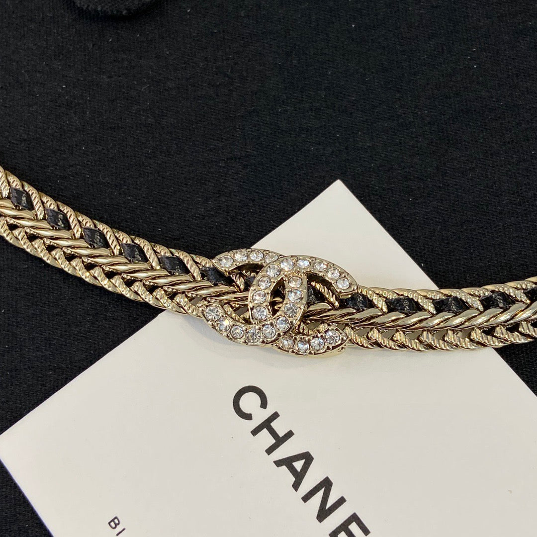 18K CC1 Black Leather Gold Choker, CHANE