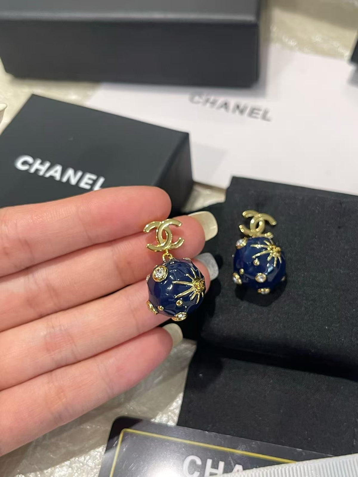 18K CC Black & White Diamond Gold Earrings, CHANE