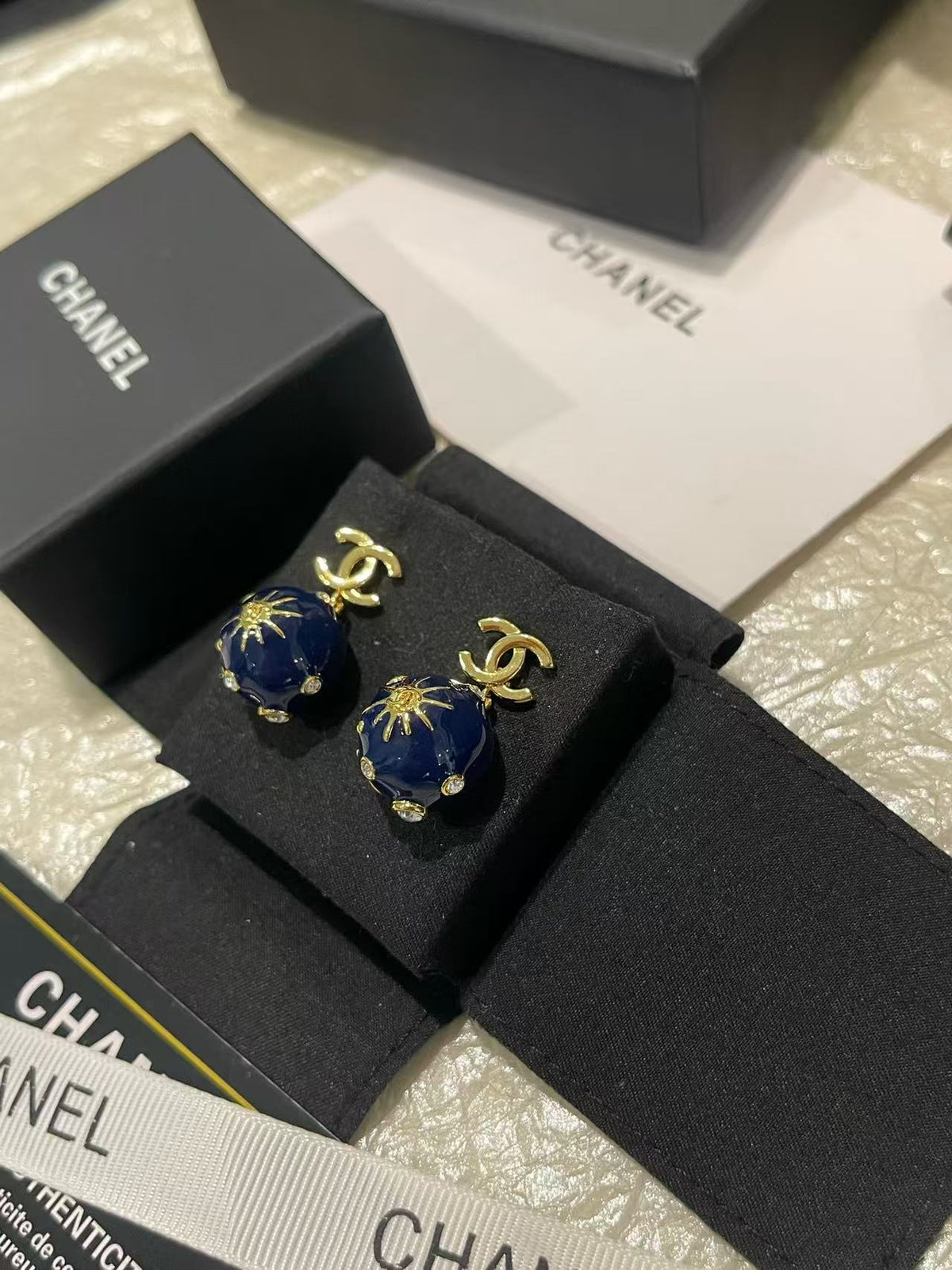 18K CC Black & White Diamond Gold Earrings, CHANE