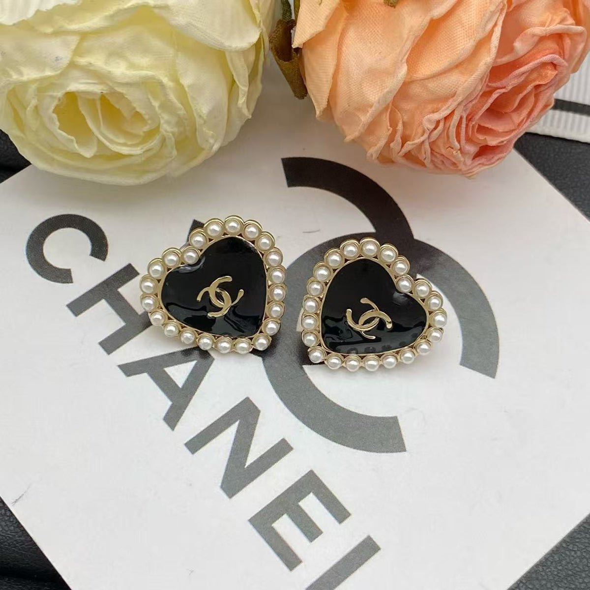 18K CC Black & White Diamond Gold Earrings, CHANE