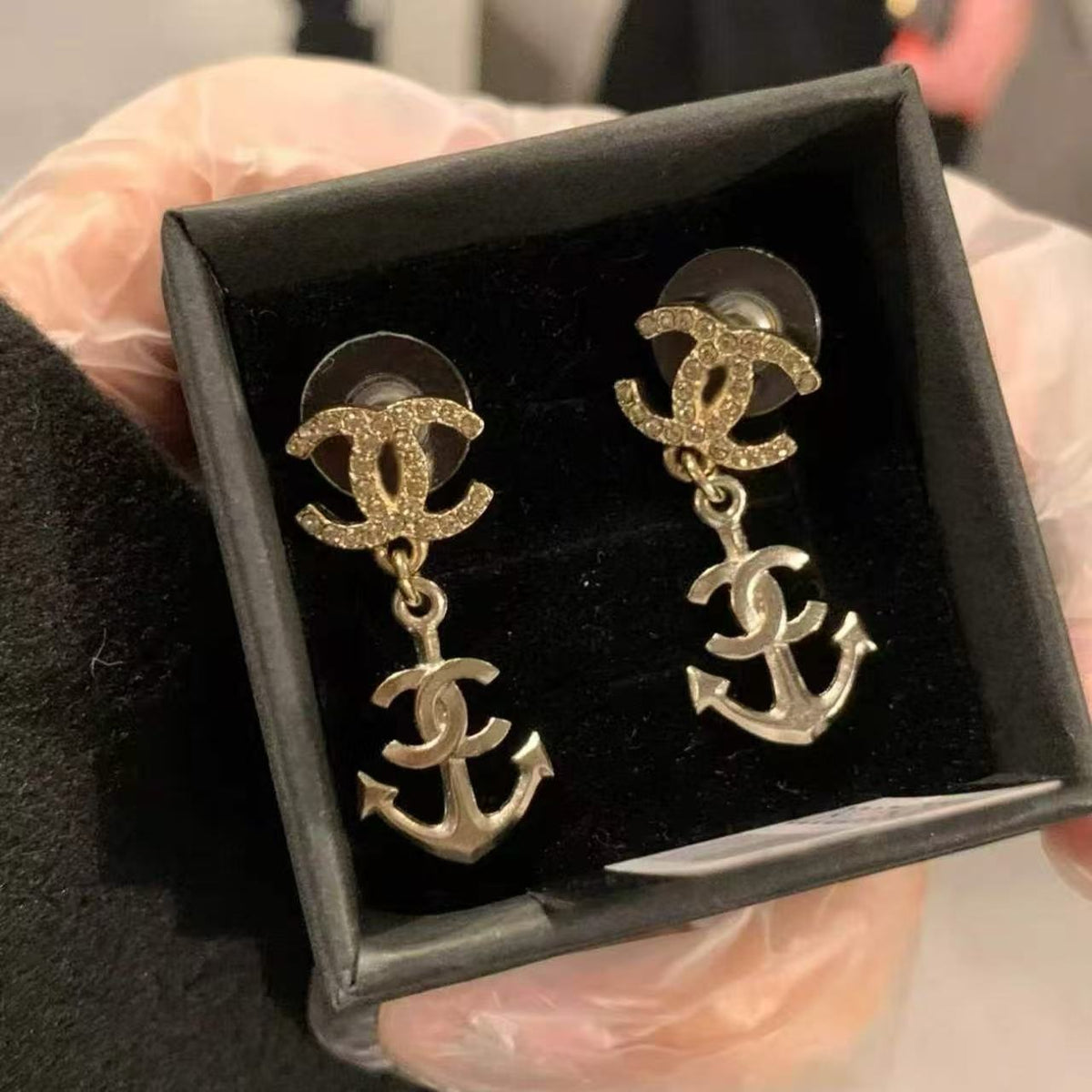 18K CC Black & White Diamond Gold Earrings, CHANE