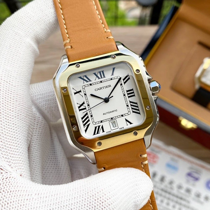 SANTOS 38MM GOLD STEEL AUTOMATIC LEATHERCARTI WATCH