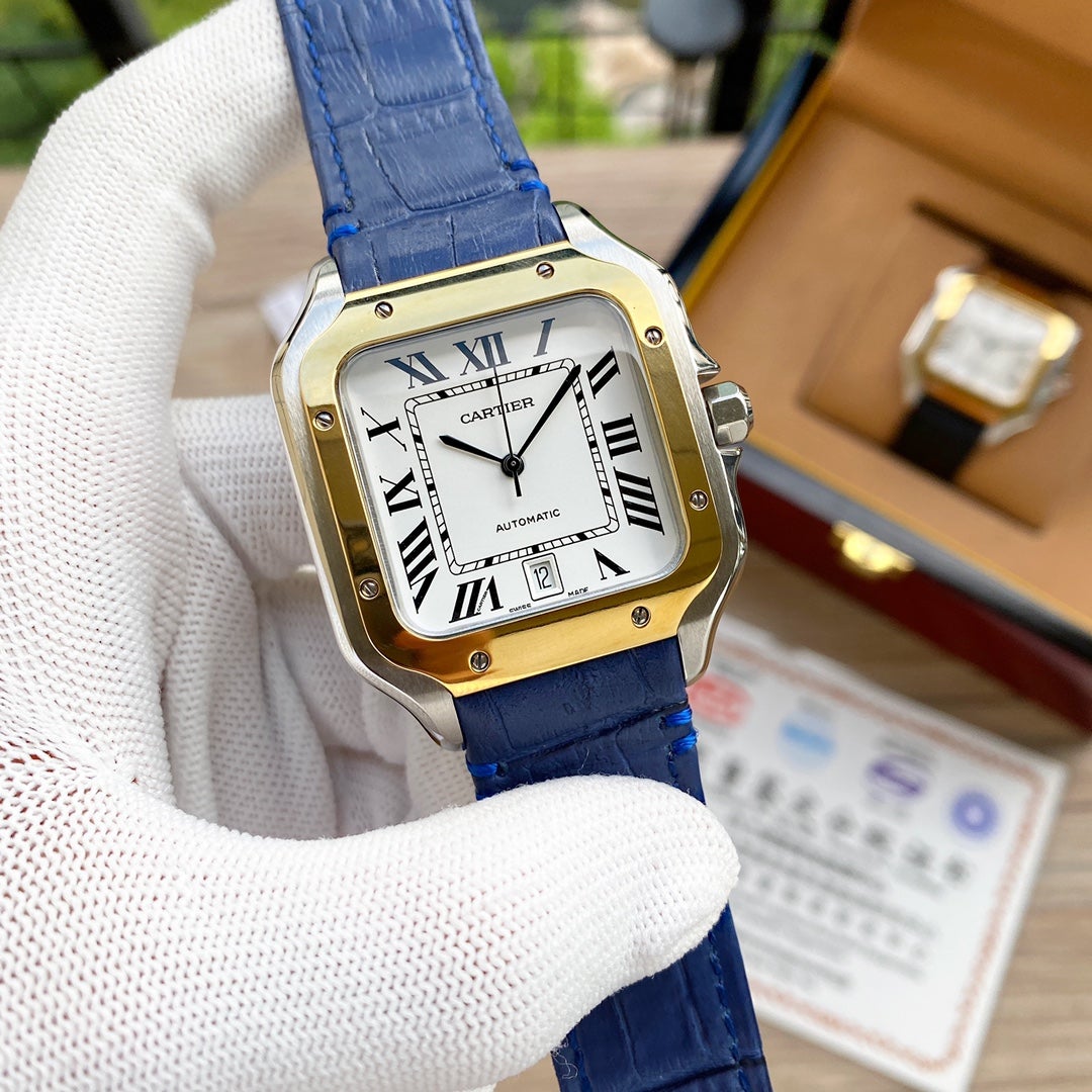 SANTOS 38MM GOLD STEEL AUTOMATIC LEATHERCARTI WATCH