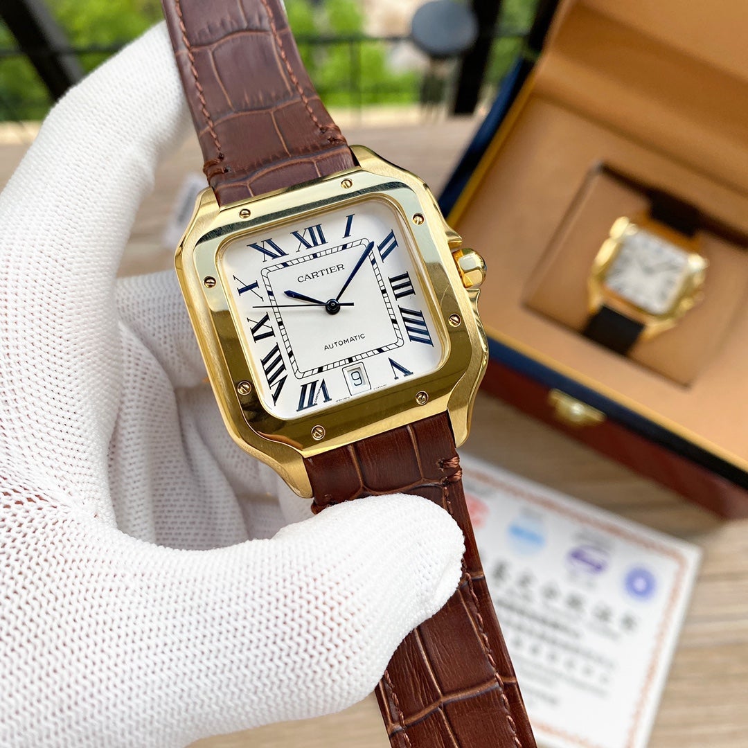 SANTOS 38MM GOLD CASE AUTOMATIC LEATHER CARTI WATCH
