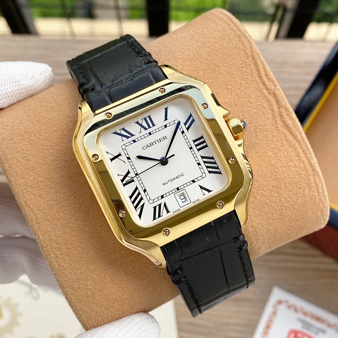 SANTOS 38MM GOLD CASE AUTOMATIC LEATHER CARTI WATCH