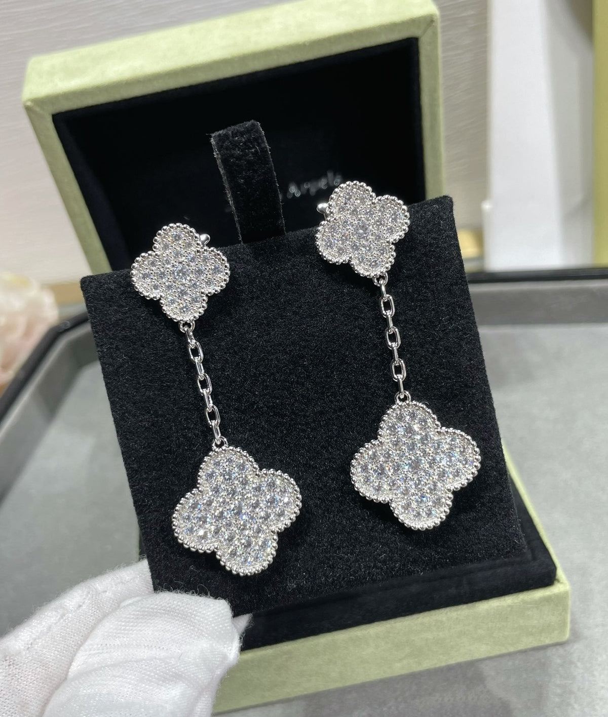 CCjewelry CLOVER 2 MOTIFS DIAMOND PAVED SILVER EARRINGS