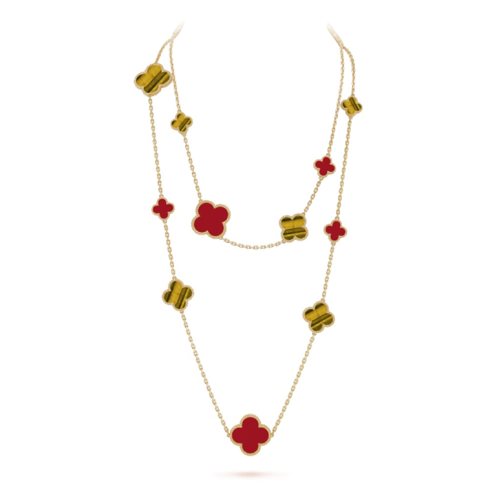 CCjewelry CLOVER 16 MOTIF CARNELIAN TIGER EYE ROSE GOLD NECKLACE