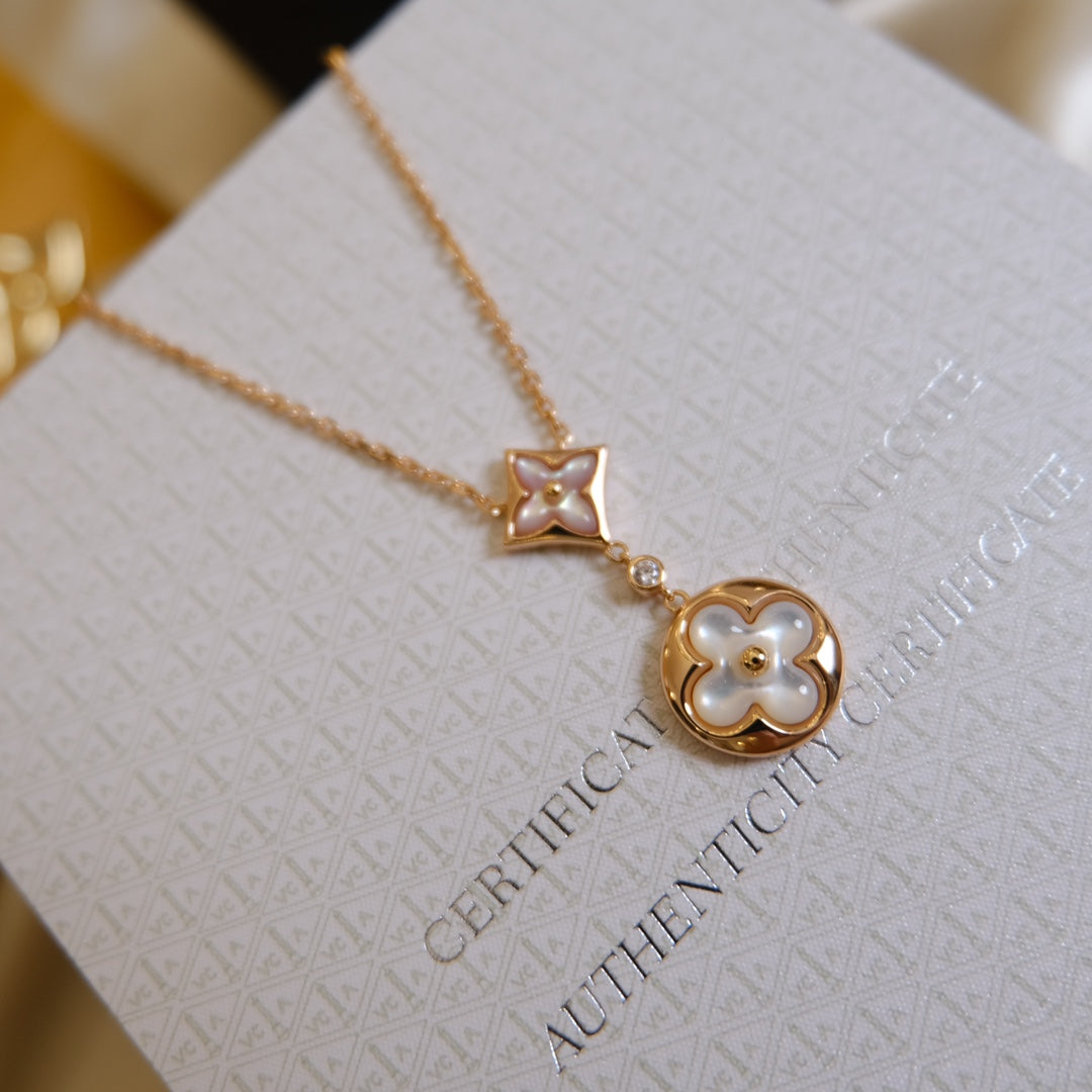 CCjewelry STAR AND SUN WHITE MOP 2 MOTIF PINK GOLD NECKLACE L.V