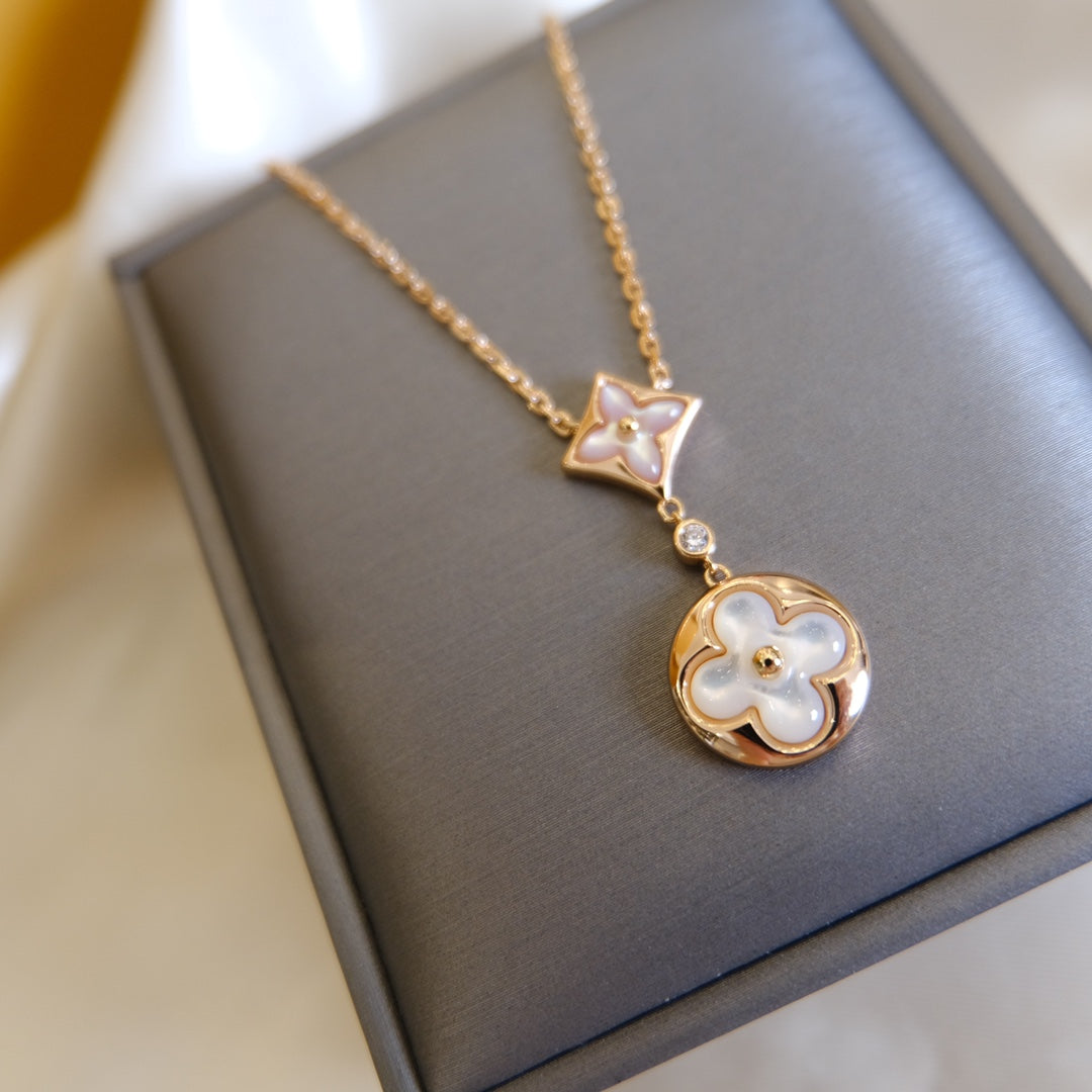 CCjewelry STAR AND SUN WHITE MOP 2 MOTIF PINK GOLD NECKLACE L.V