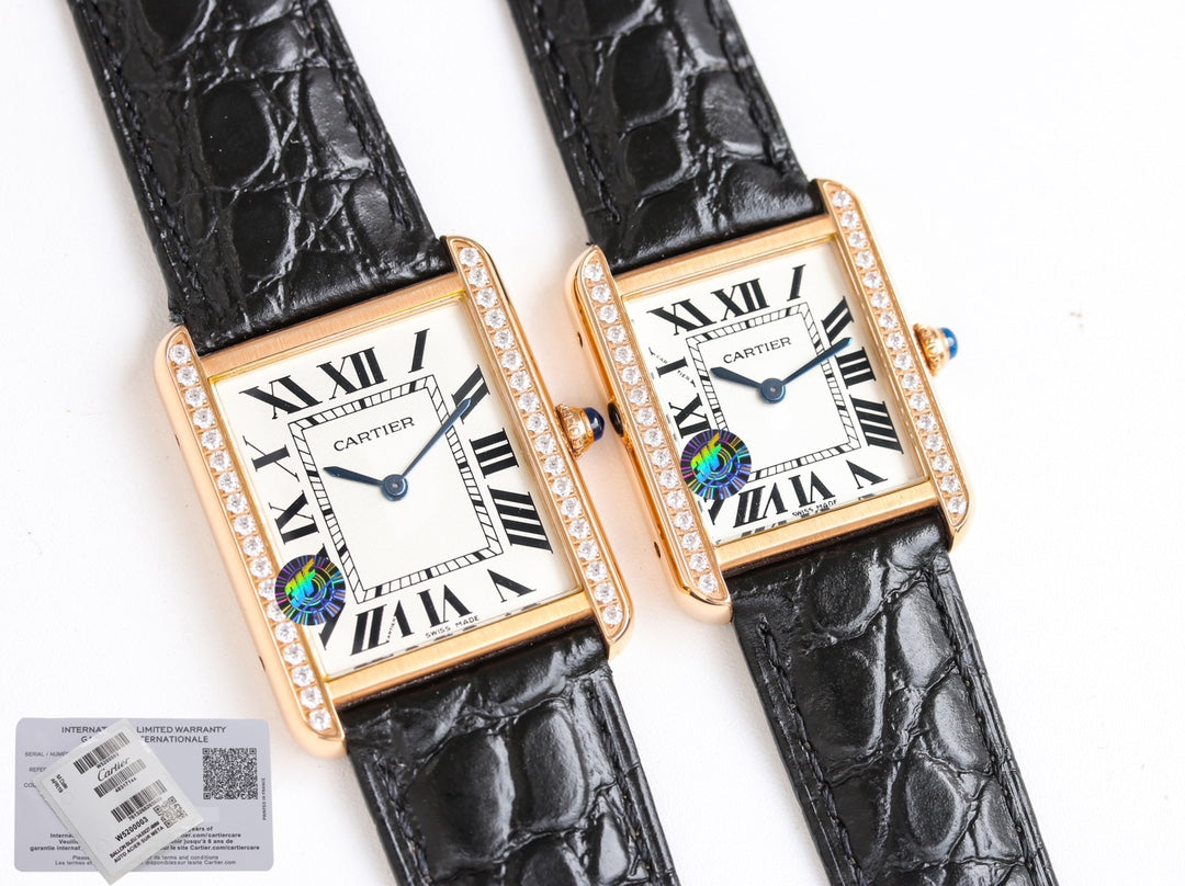 TANK SOLO PINK GOLD DIAMOND BEZEL LEATHER LEATHERCARTI WATCH