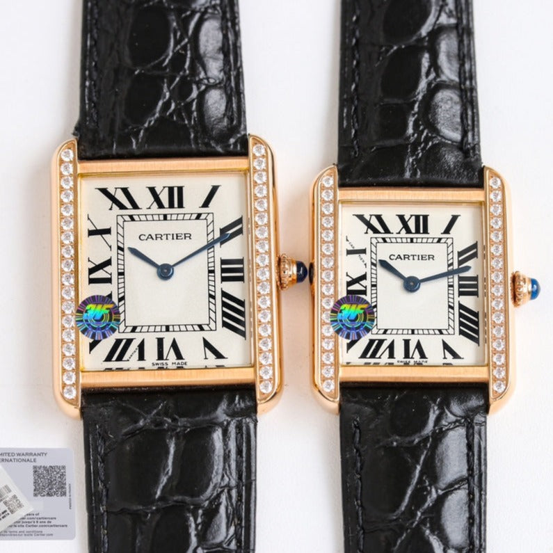 TANK SOLO PINK GOLD DIAMOND BEZEL LEATHER LEATHERCARTI WATCH