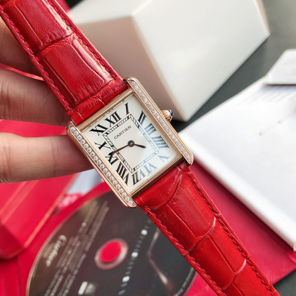 TANK SOLO PINK GOLD DIAMOND BEZEL RED LEATHERCARTI WATCH