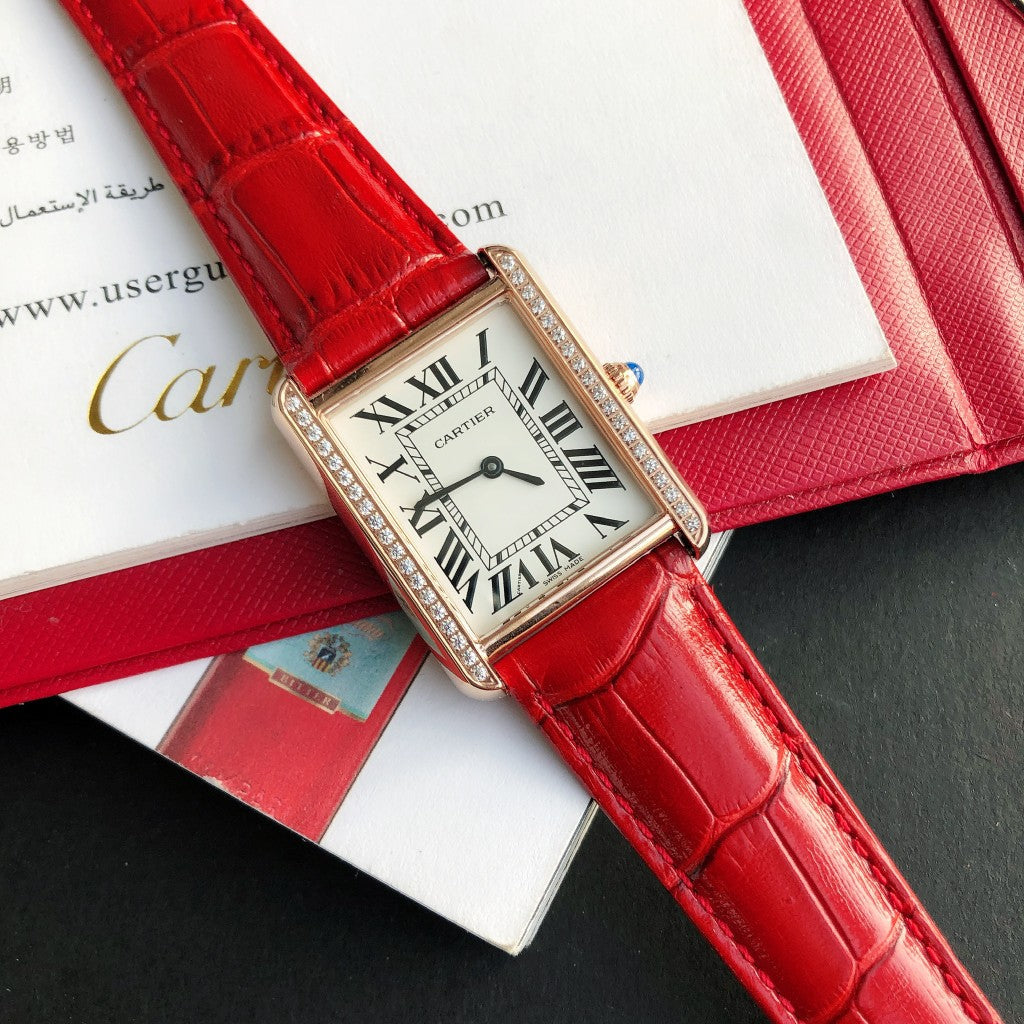 TANK SOLO PINK GOLD DIAMOND BEZEL RED LEATHERCARTI WATCH