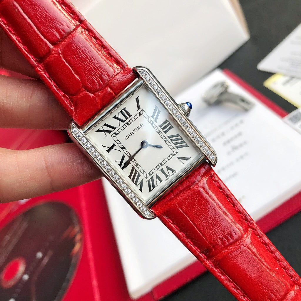 TANK SOLO STEEL DIAMOND BEZEL RED LEATHERCARTI WATCH