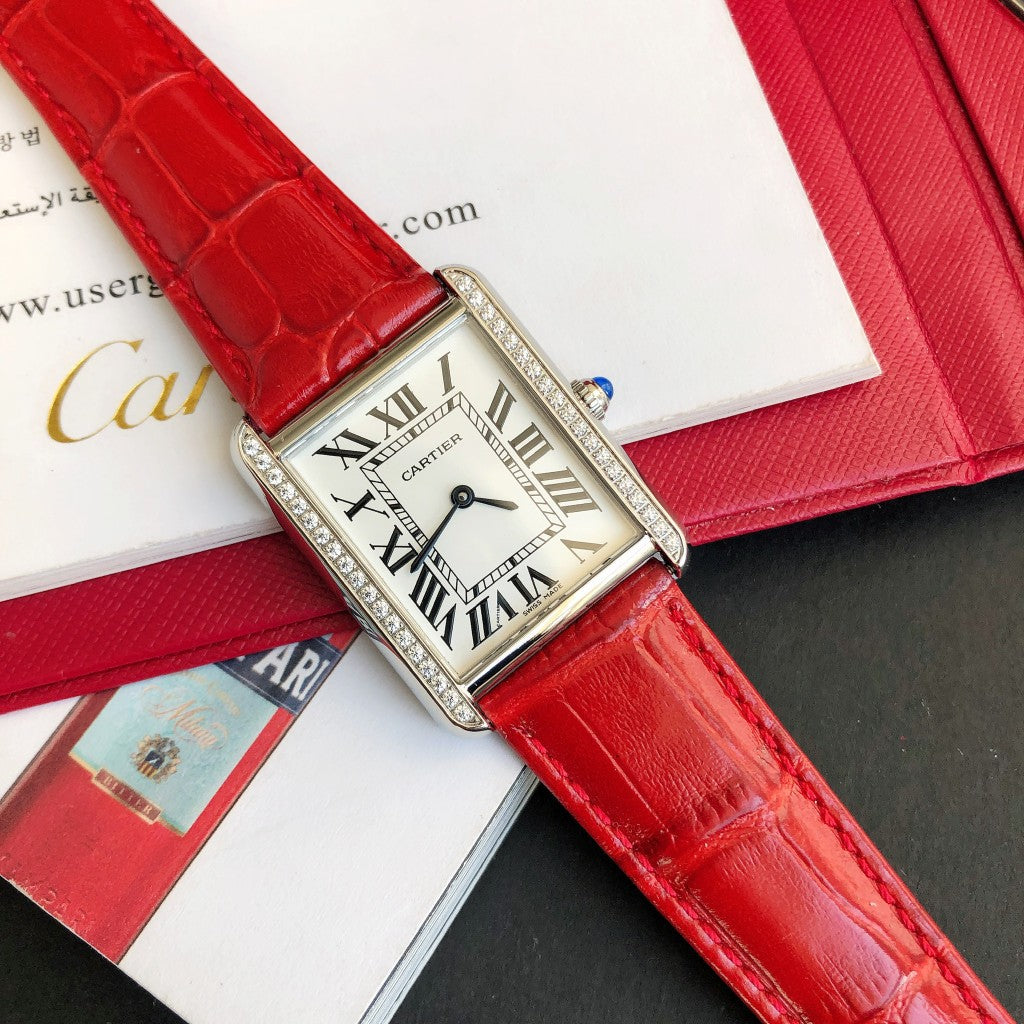 TANK SOLO STEEL DIAMOND BEZEL RED LEATHERCARTI WATCH