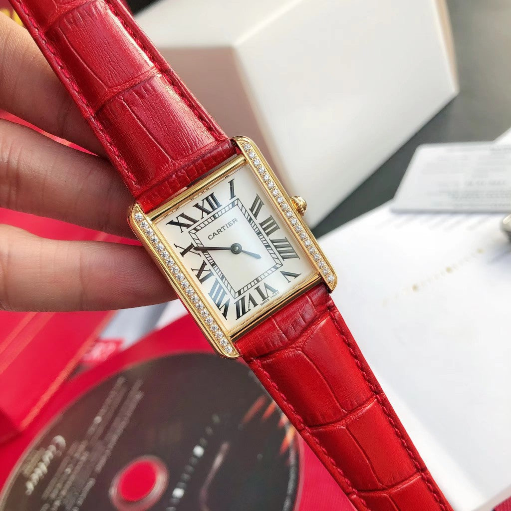 TANK SOLO GOLD DIAMOND BEZEL RED LEATHERCARTI WATCH
