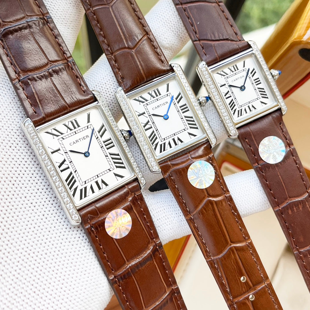 TANK MUST SILVER CASE DIAMOND BEZEL LEATHER CARTI WATCH