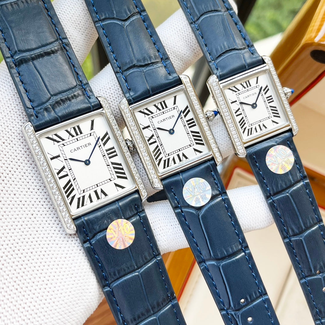 TANK MUST SILVER CASE DIAMOND BEZEL LEATHER CARTI WATCH