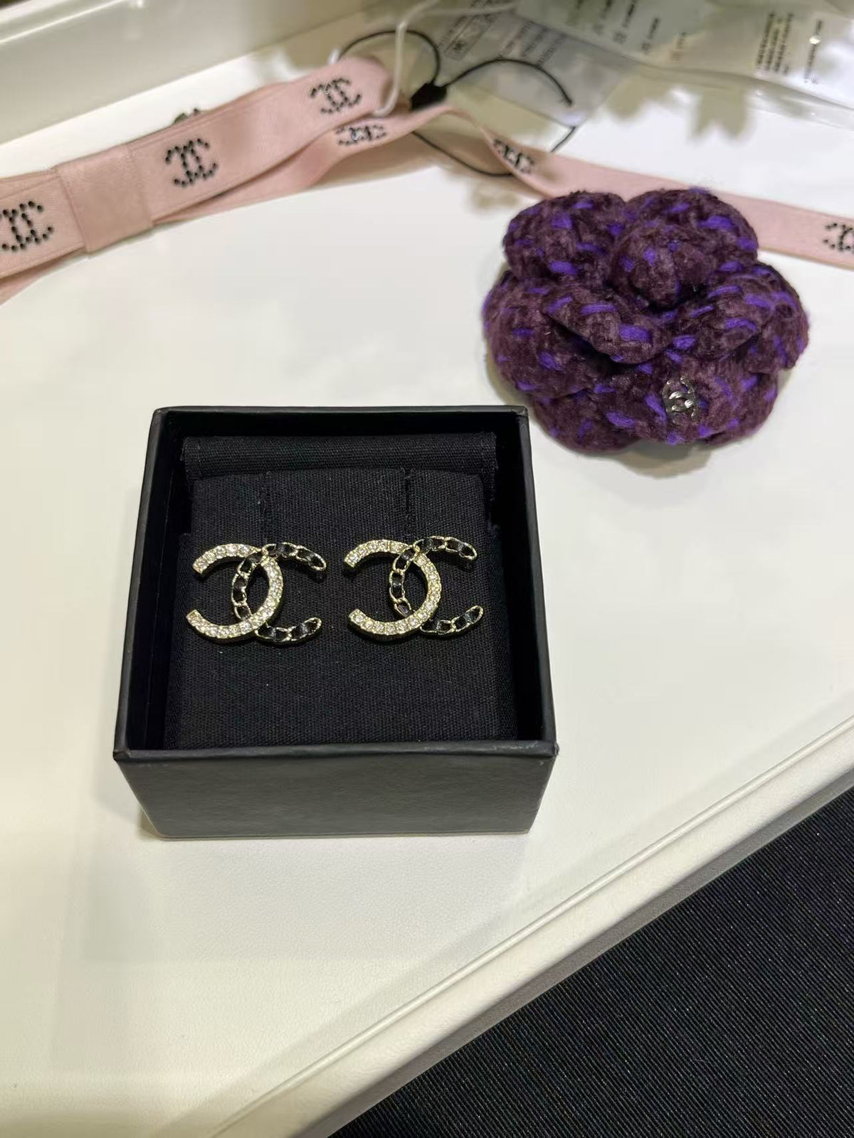 18K CC Black & White Diamond Gold Earrings, CHANE