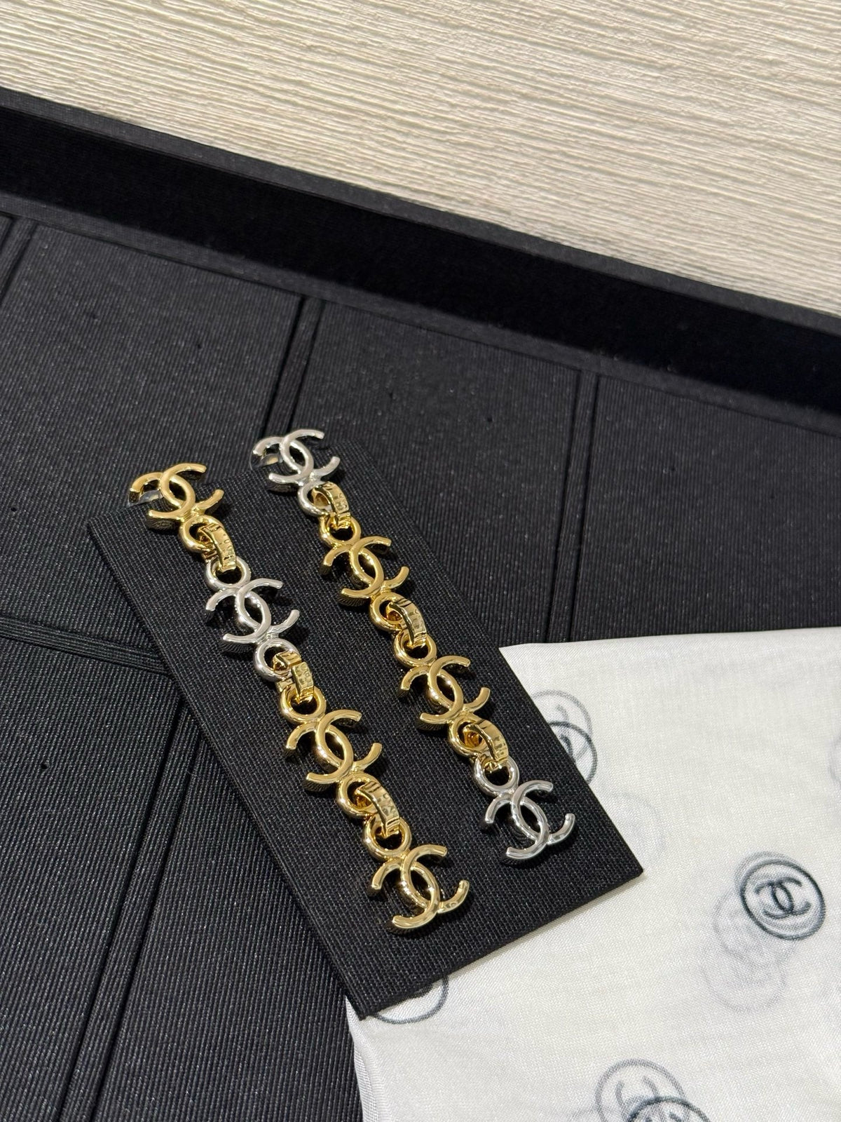 18K CC Black & White Diamond Gold Earrings, CHANE
