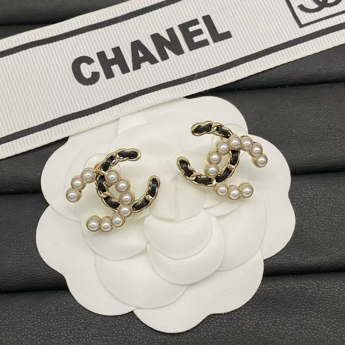 18K CC Black & White Diamond Gold Earrings, CHANE
