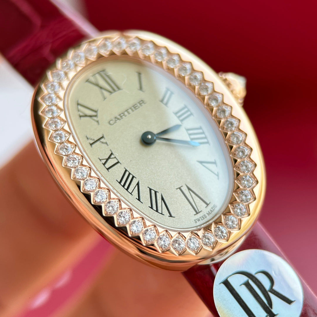Baignoire 23mm Pink Gold Case Diamond Bezel Red Leather StrapCARTI WATCH