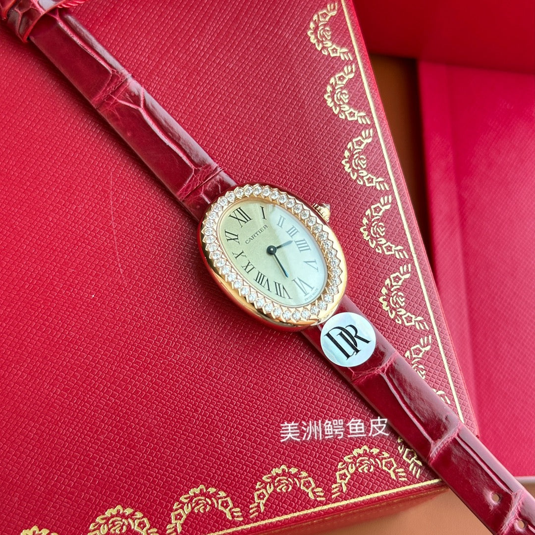 Baignoire 23mm Pink Gold Case Diamond Bezel Red Leather StrapCARTI WATCH