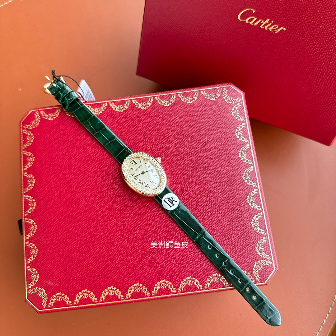 Baignoire 23mm Pink Gold Case Diamond Bezel Dark Green Leather StrapCARTI WATCH
