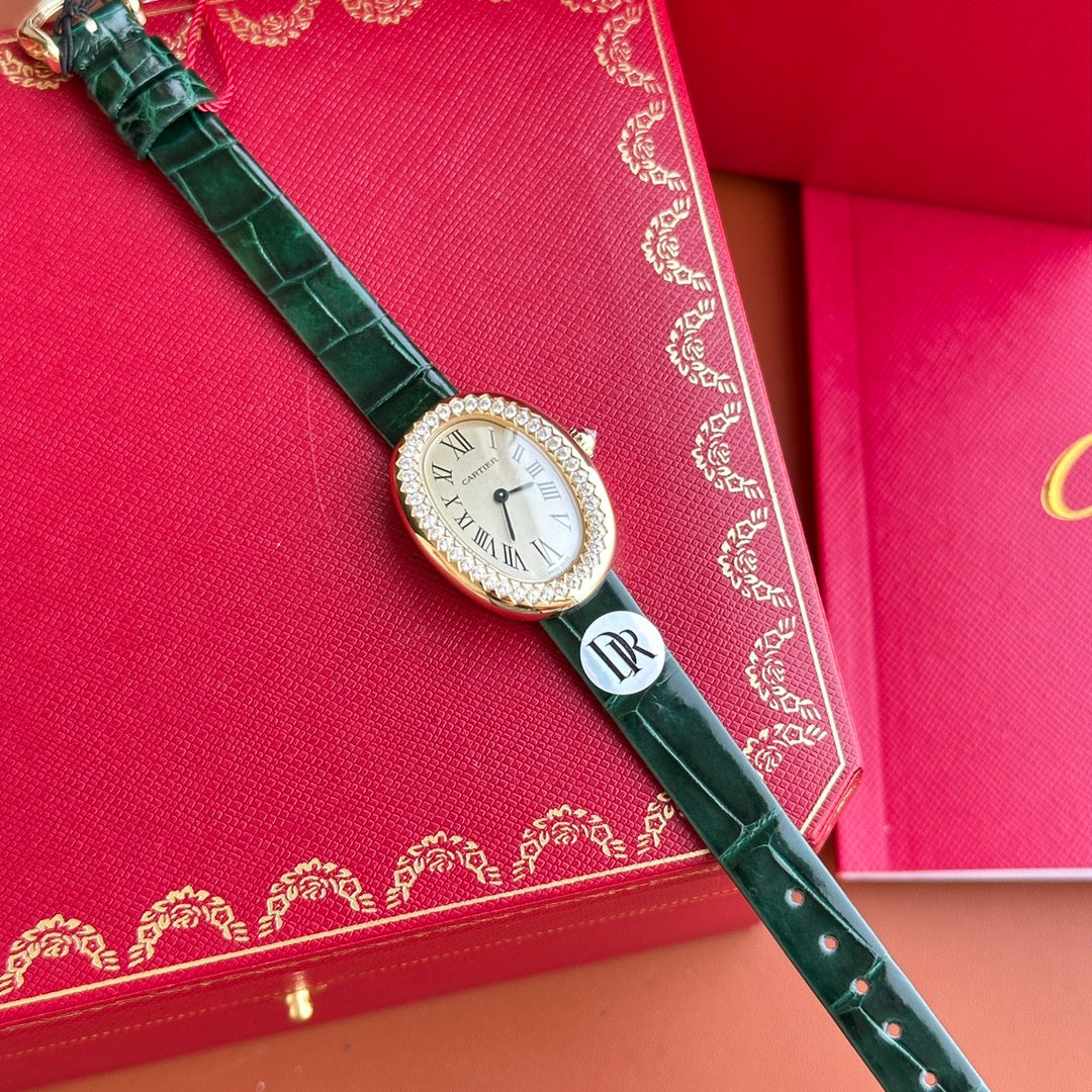 Baignoire 23mm Pink Gold Case Diamond Bezel Dark Green Leather StrapCARTI WATCH