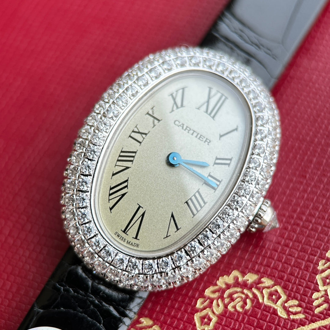 Baignoire 23mm Silver Case Diamond Bezel Black Leather StrapCARTI WATCH