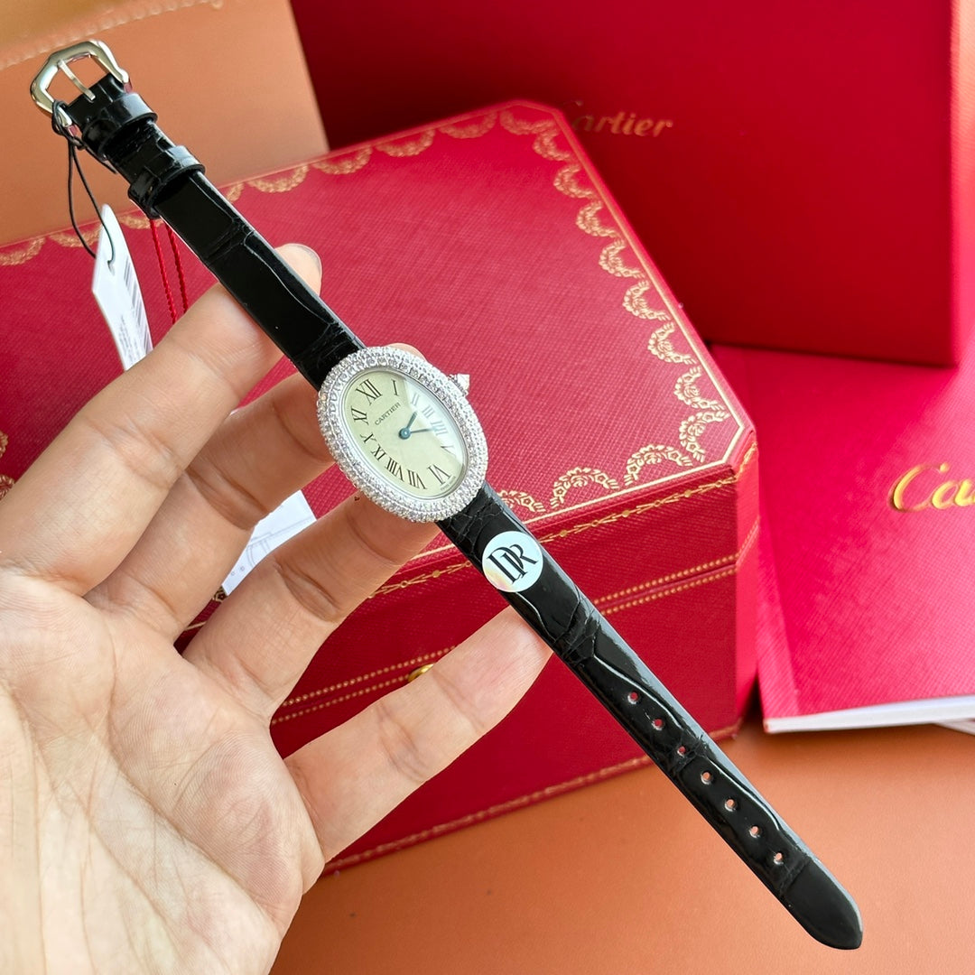 Baignoire 23mm Silver Case Diamond Bezel Black Leather StrapCARTI WATCH
