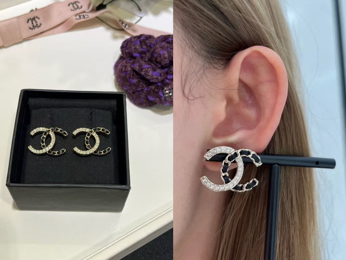 18K CC Black & White Diamond Gold Earrings, CHANE