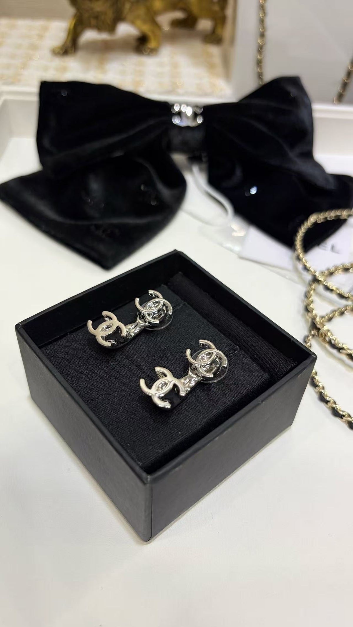 18K CC Black & White Diamond Gold Earrings, CHANE