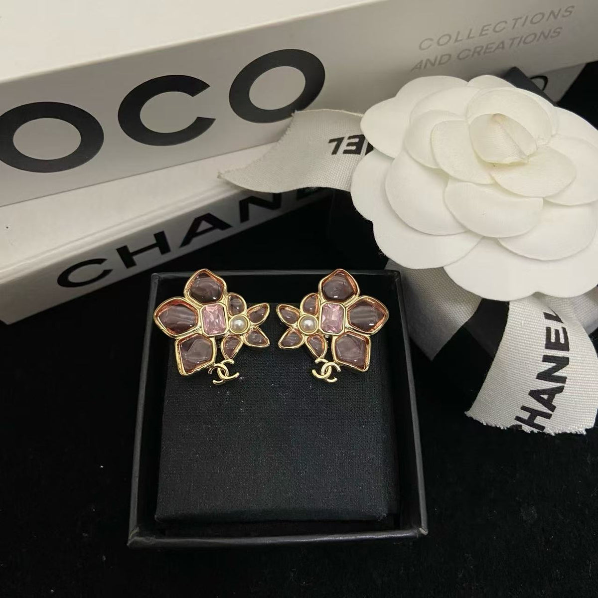 18K CC Black & White Diamond Gold Earrings, CHANE