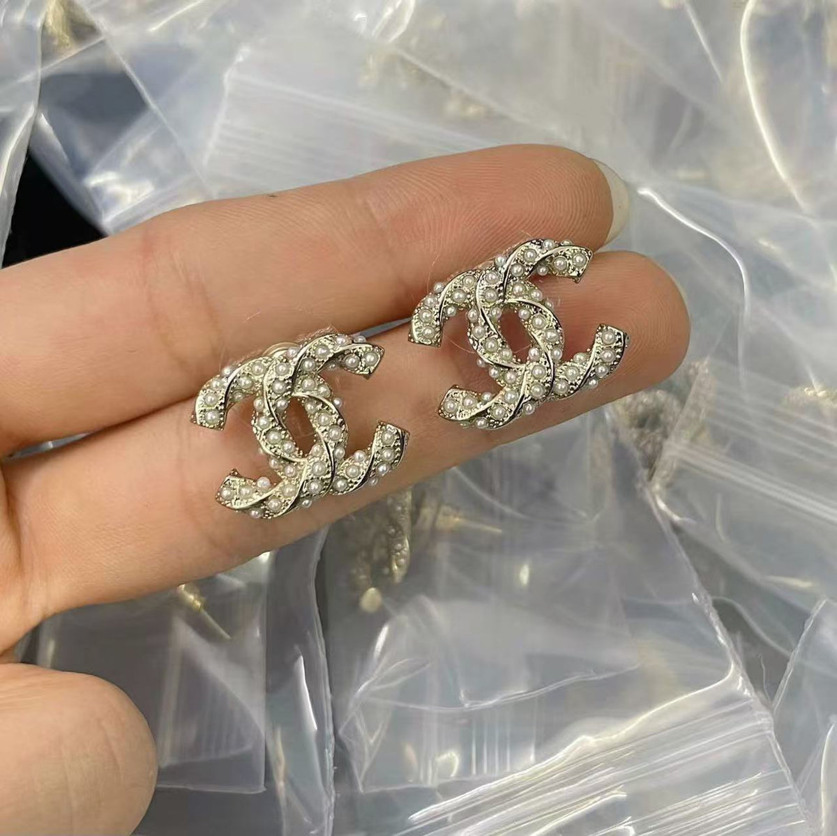 18K CC Black & White Diamond Gold Earrings, CHANE