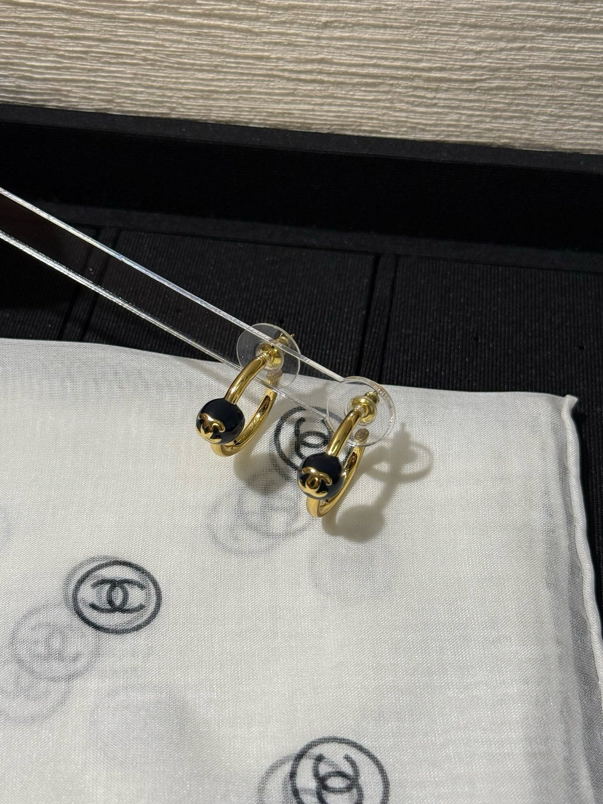 18K CC Black & White Diamond Gold Earrings, CHANE