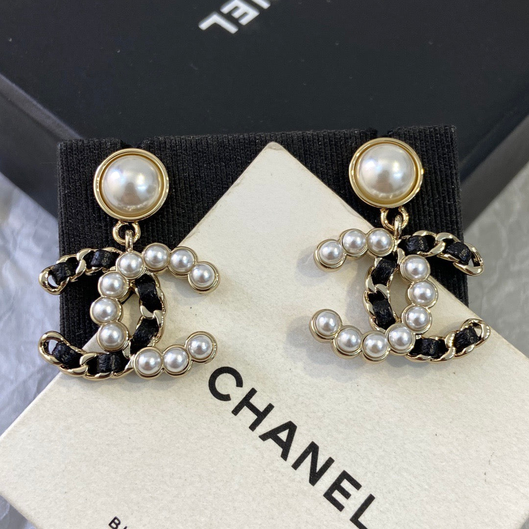 18K CC1 Black Leather Pearl Earrings, CHANE
