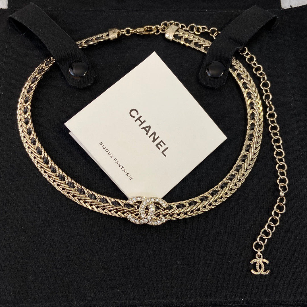 18K CC1 Black Leather Gold Choker, CHANE