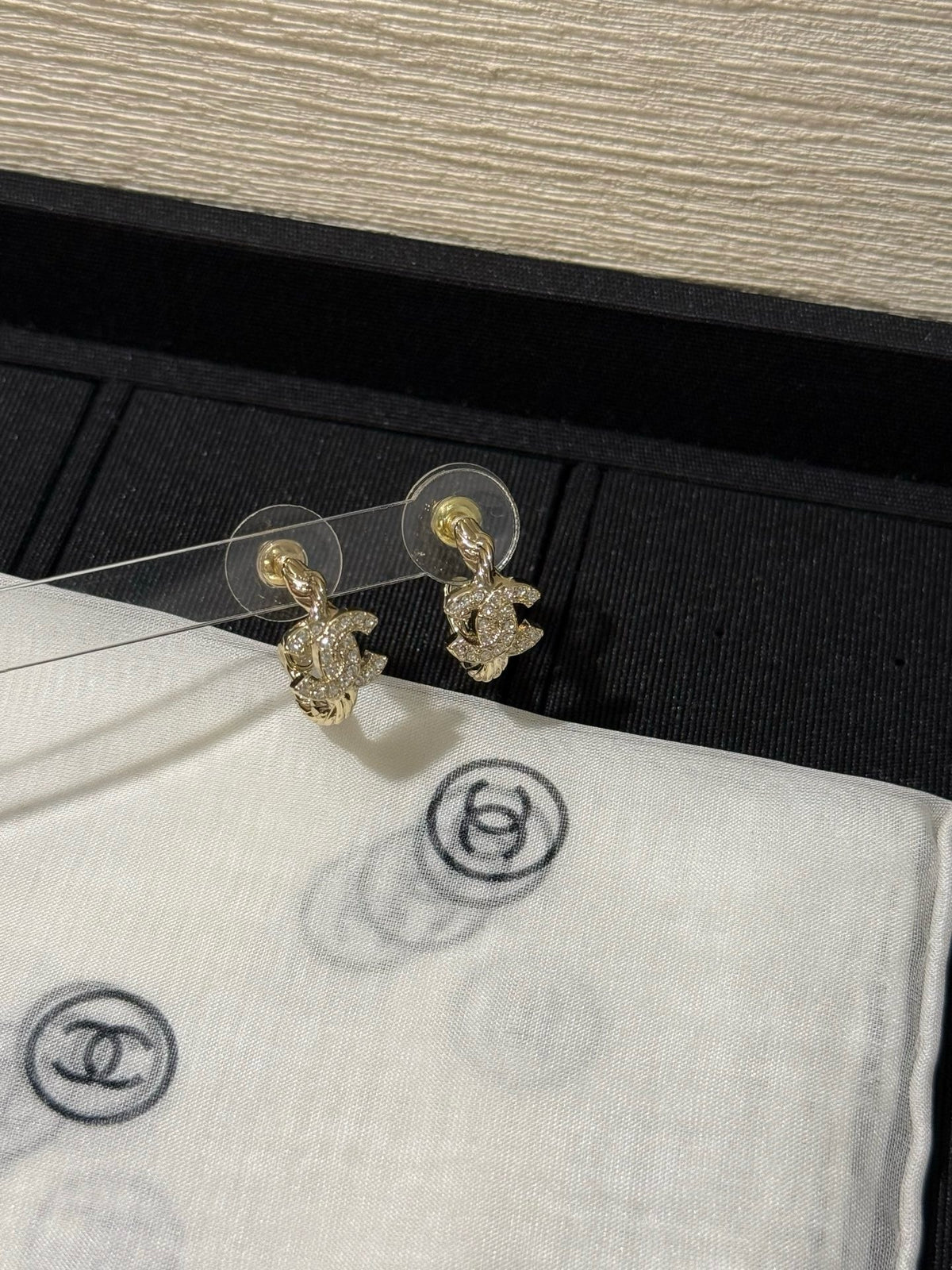 18K CC Black & White Diamond Gold Earrings, CHANE