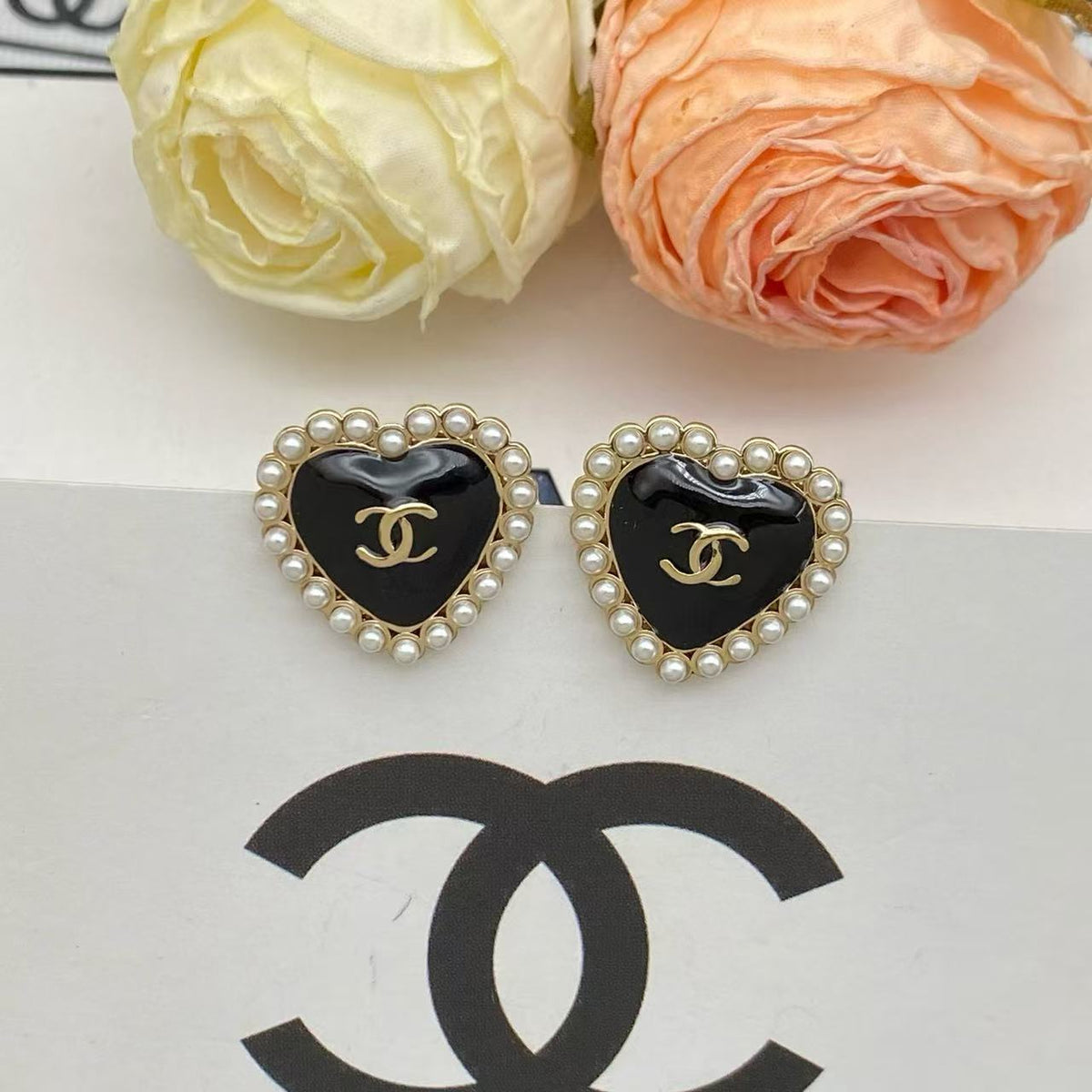 18K CC Black & White Diamond Gold Earrings, CHANE