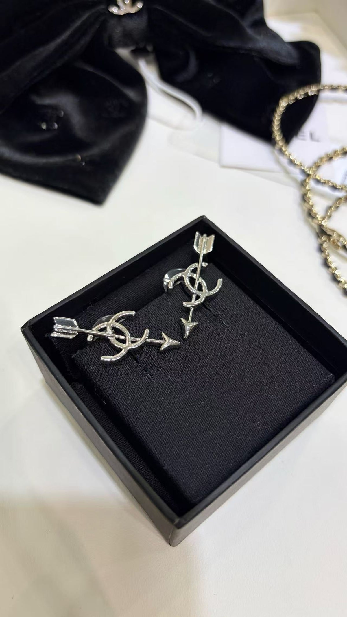 18K CC Black & White Diamond Gold Earrings, CHANE