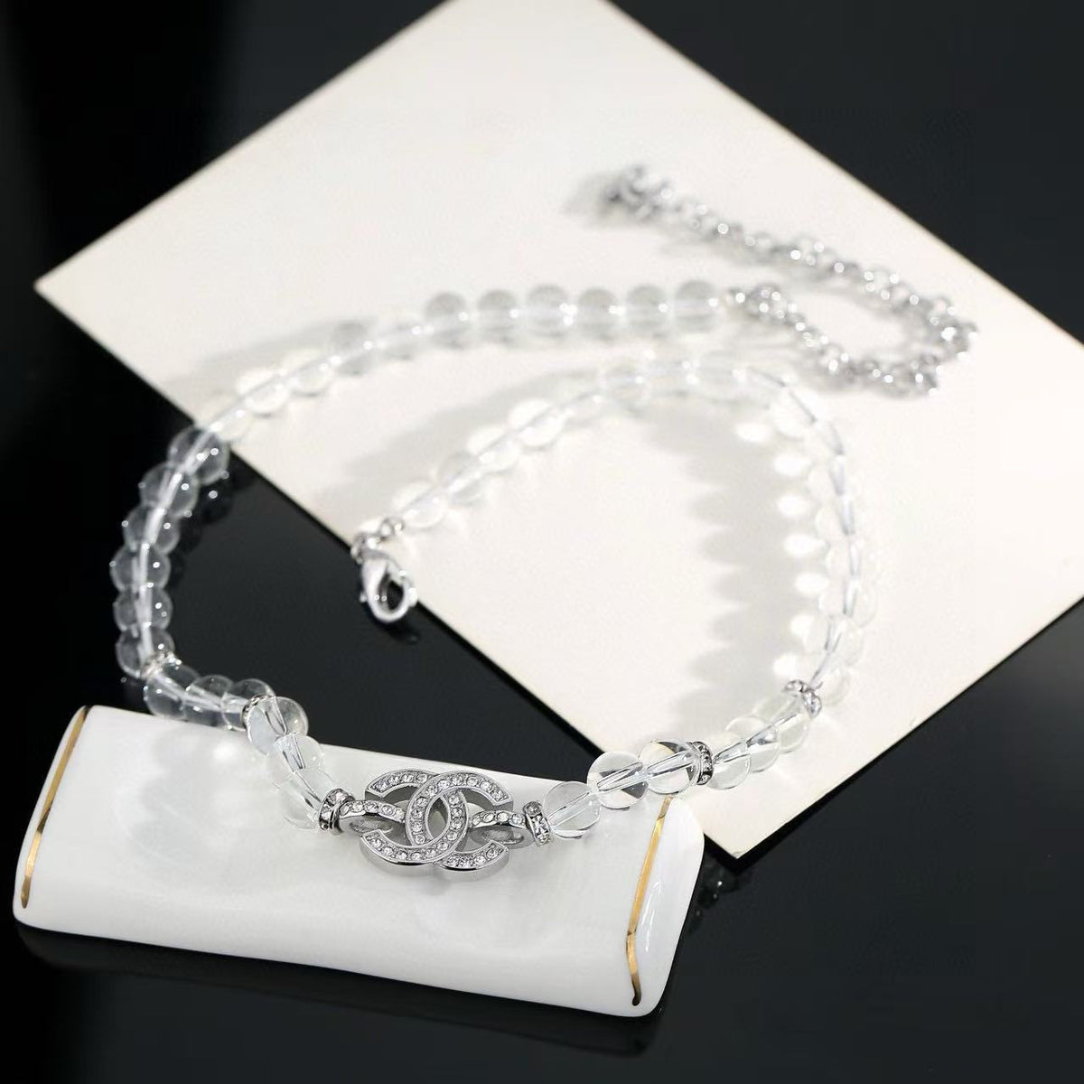 Trendy 18K CC Black And White Diamond Gold Necklace Handcrafted 18K Gold Diamond Necklace Stylish Pendant Necklace For Women Casual Formal Outfit Accessory, CHANE