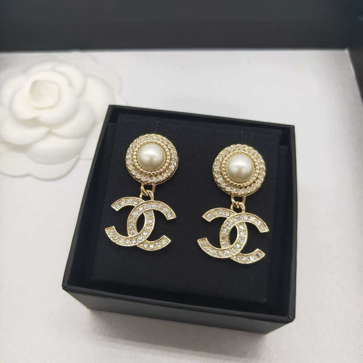 18K CC Black & White Diamond Gold Earrings, CHANE