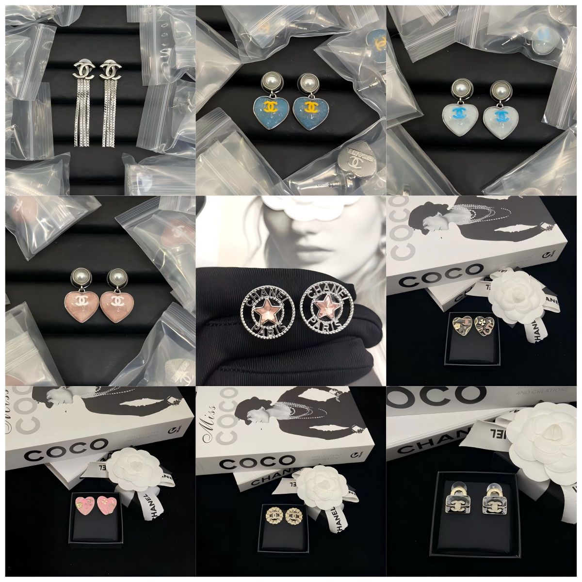 18K CC Black & White Diamond Gold Earrings, CHANE