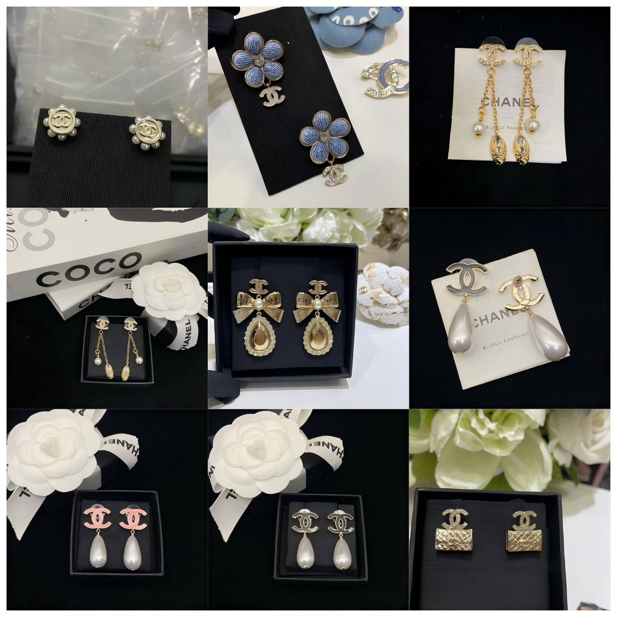 18K CC Black & White Diamond Gold Earrings, CHANE