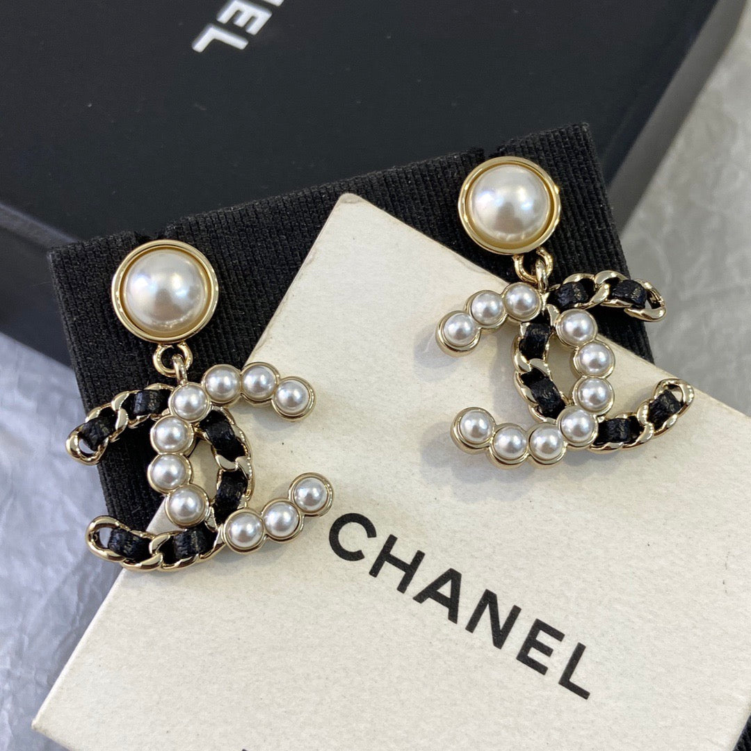 18K CC1 Black Leather Pearl Earrings, CHANE