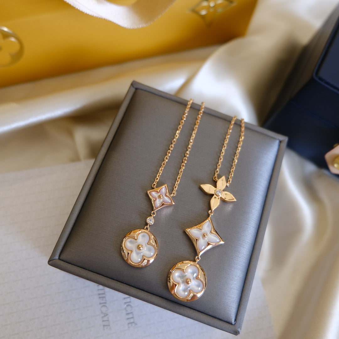CCjewelry COLOR BLOSSOM LARIAT NECKLACE PINK GOLD WHITE MOTHER PEARL AND DIAMOND L.V
