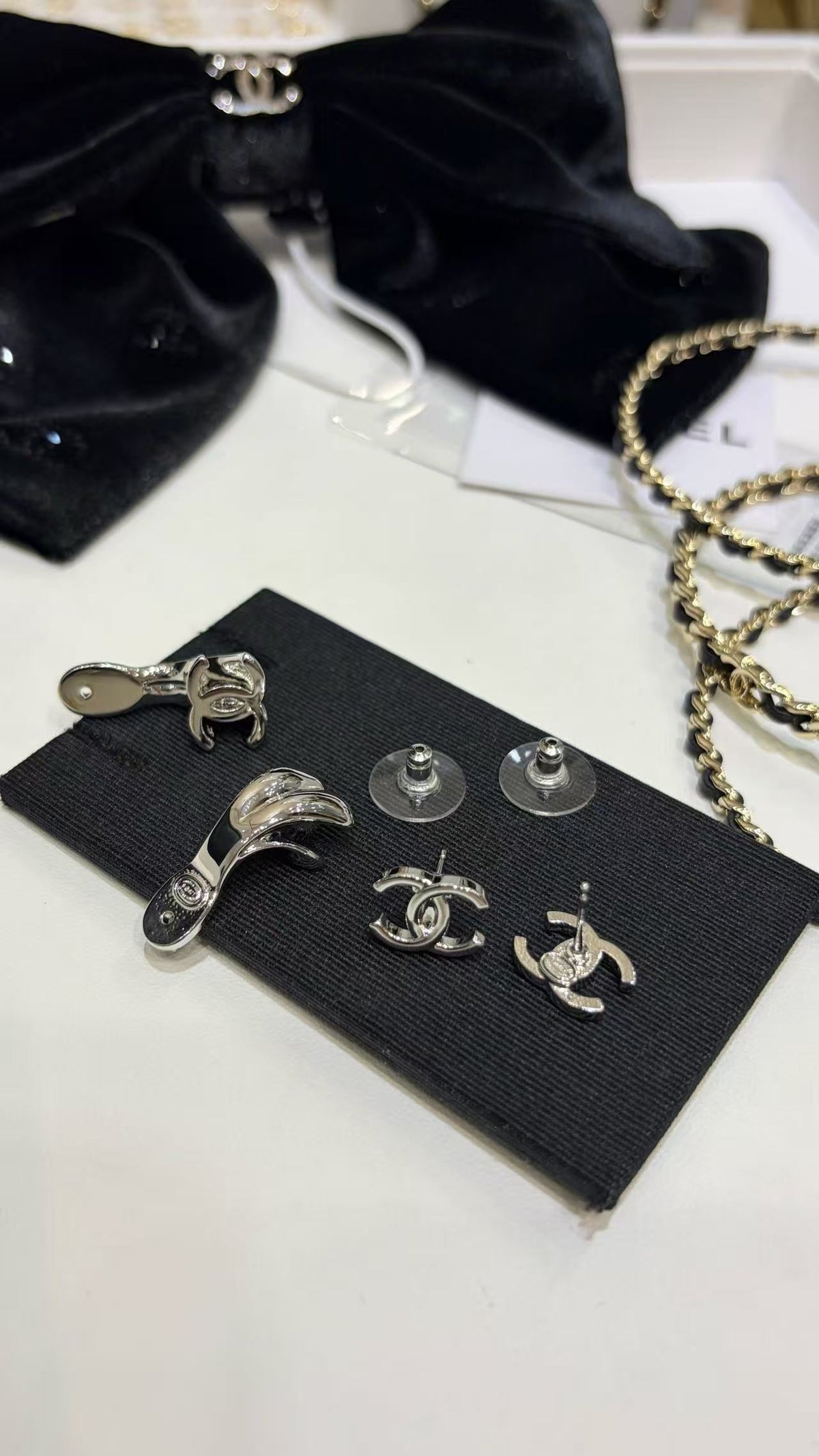 18K CC Black & White Diamond Gold Earrings, CHANE