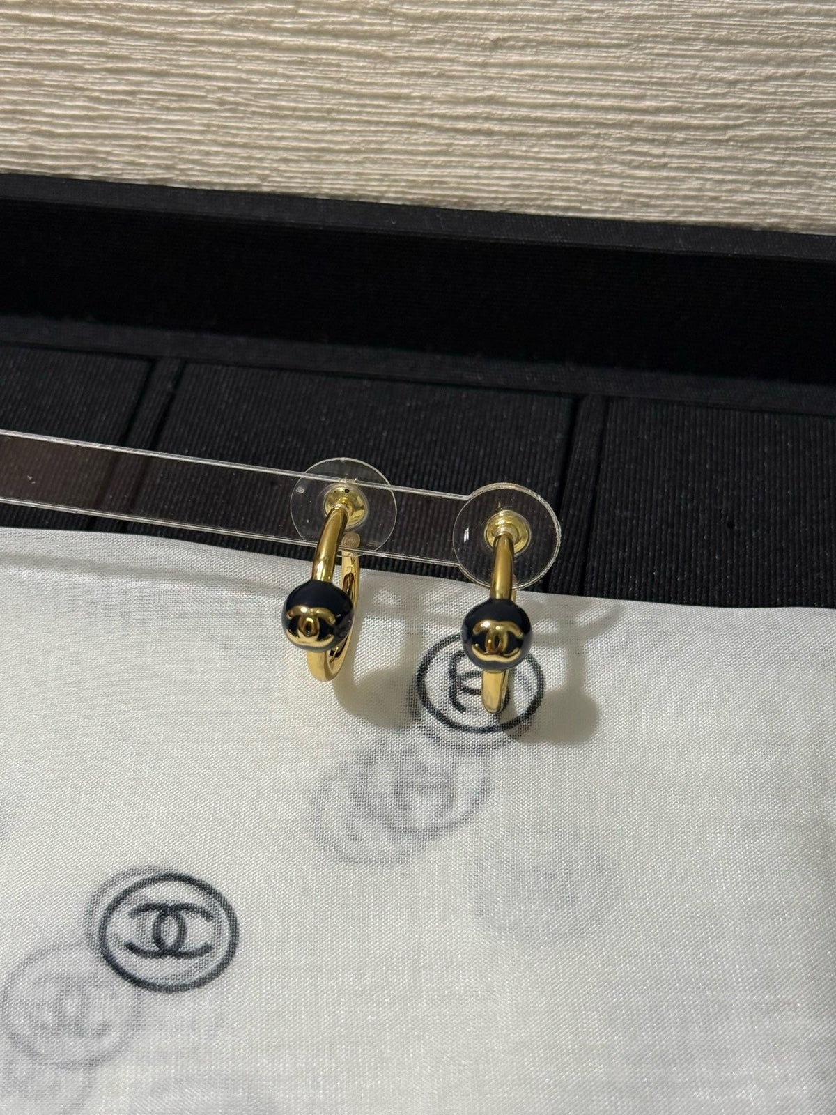 18K CC Black & White Diamond Gold Earrings, CHANE