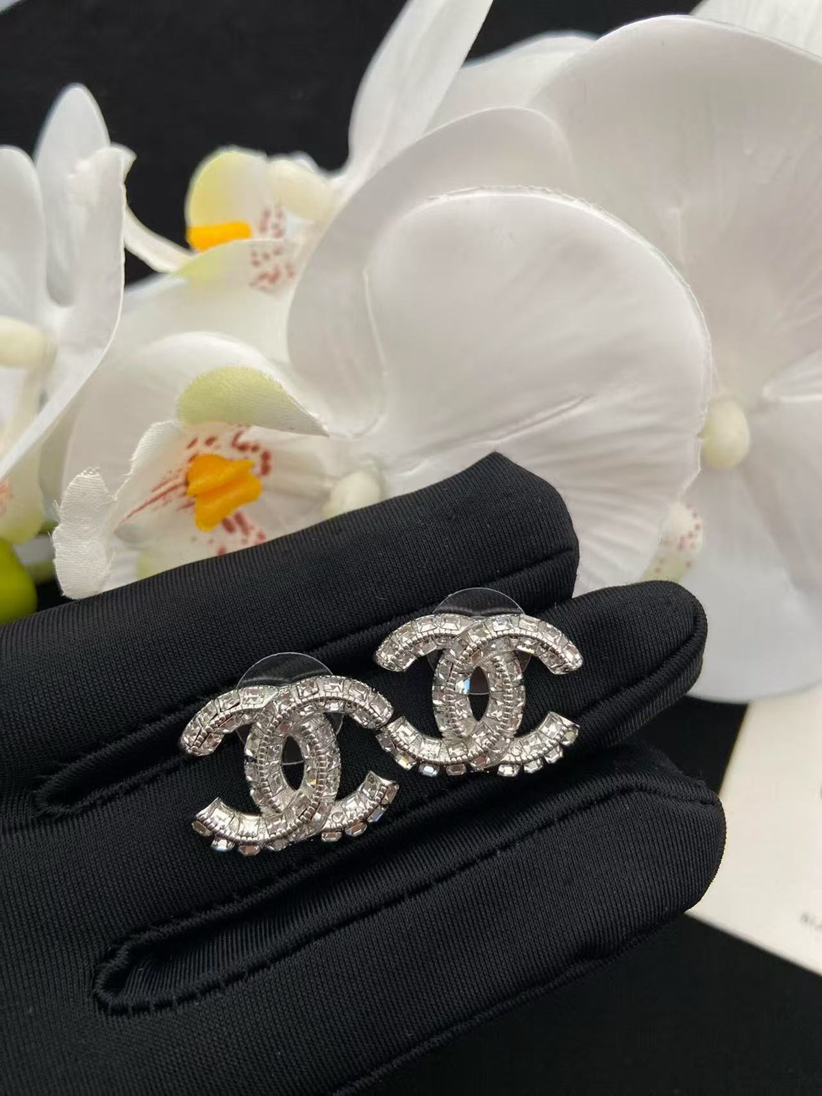 18K CC Black & White Diamond Gold Earrings, CHANE